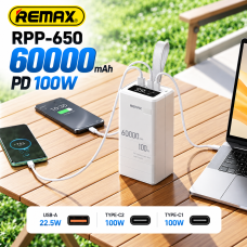 Повербанк REMAX RPP-650 60000 mAh 100W PD Power Bank для ноутбука і смартфона, зовнішній акумулятор USB Type-C, USB-A 22.5W, швидка зарядка, LED-дисплей.