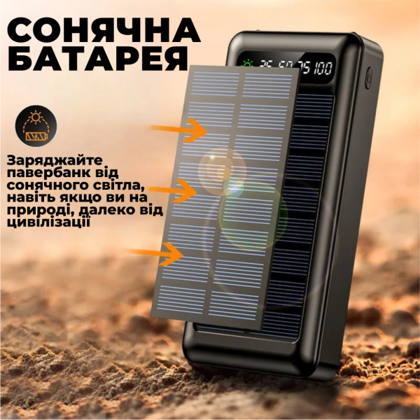 Повербанк PowerBank Power Bank 50000 mAh із сонячною батареєю зовнішній акумулятор павербанк з ліхтариком для заряджання телефону з кабелями