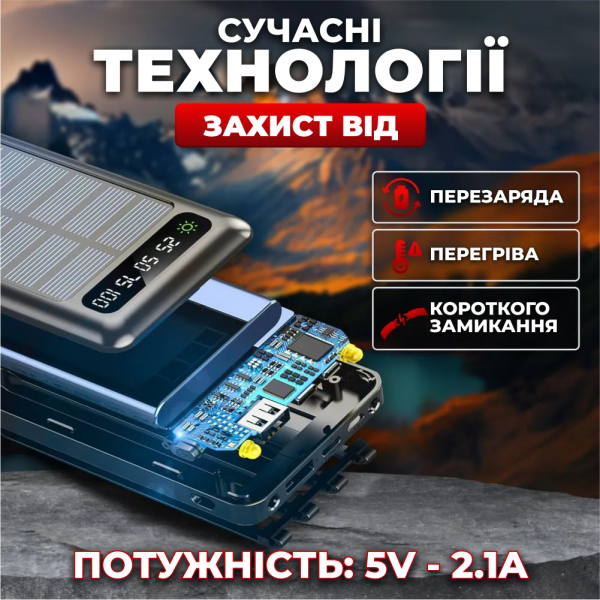 Повербанк PowerBank Power Bank 50000 mAh із сонячною батареєю зовнішній акумулятор павербанк з ліхтариком для заряджання телефону з кабелями