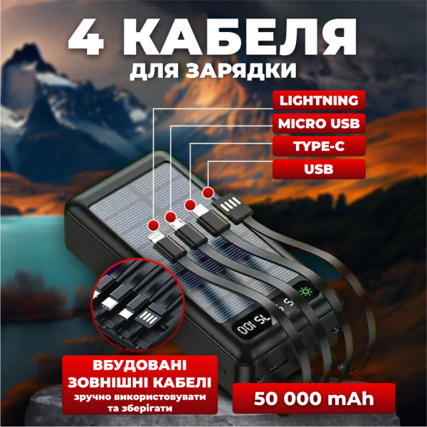 Повербанк PowerBank Power Bank 50000 mAh із сонячною батареєю зовнішній акумулятор павербанк з ліхтариком для заряджання телефону з кабелями