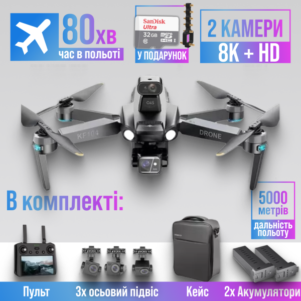 Квадрокоптер Kfplan KF104 Max - дрон для розвідки з 4K, ESC, 5G WI-FI, GPS, FPV, БК мотори, 6 км, до 80 хв.