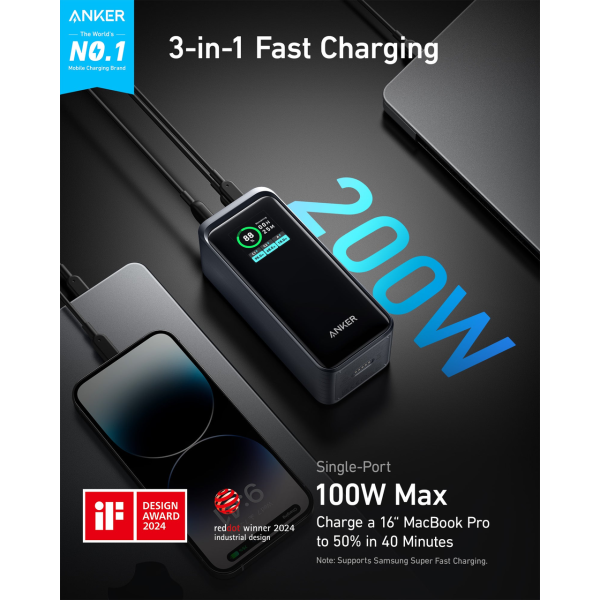 Павербанк повербанк Anker A1336 — Power Bank 20000 мА·ч 200 Вт Быстрая зарядка ноутбуков  (USB-C 100 Вт, USB-A 65 Вт), LCD-экран