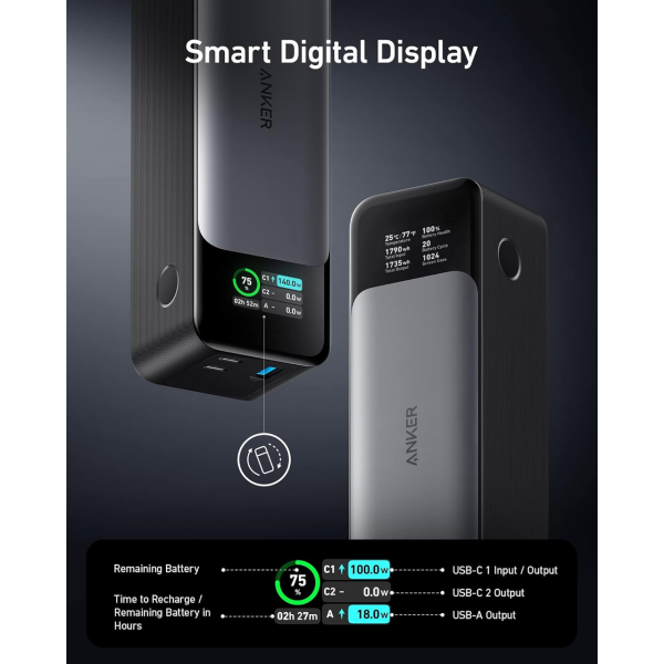 Мощный Повербанк Power Bank Anker A1289 737 Быстрая зарядка (PowerCore 24K)  24 000 мА·ч, до 140 Вт, USB-C PD 3.1, экран