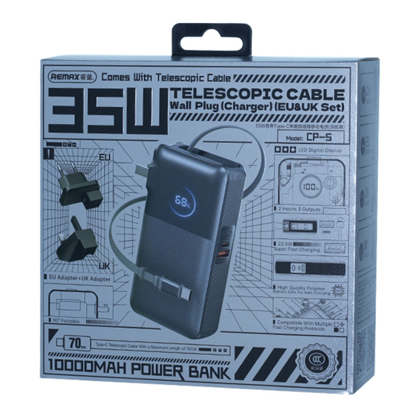 Powerbank Remax повербанк CP-5 10000 мА·ч 35W  power bank повер банк с выдвижным Type-C кабелем
