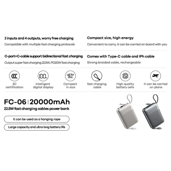 Повербанк Powerbank Remax FC-06 20000 мА·ч (22.5W) power bank со встроенным кабелем Type-C, быстрая зарядка PD/QC, USB-A 12W