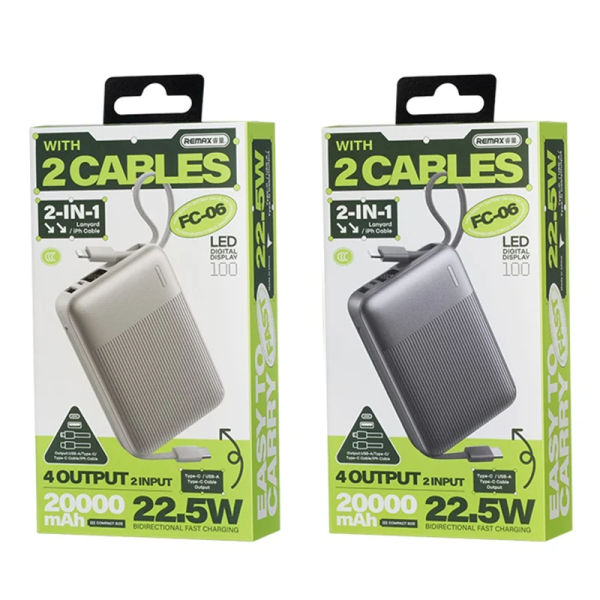 Повербанк Powerbank Remax FC-06 20000 мА·ч (22.5W) power bank со встроенным кабелем Type-C, быстрая зарядка PD/QC, USB-A 12W