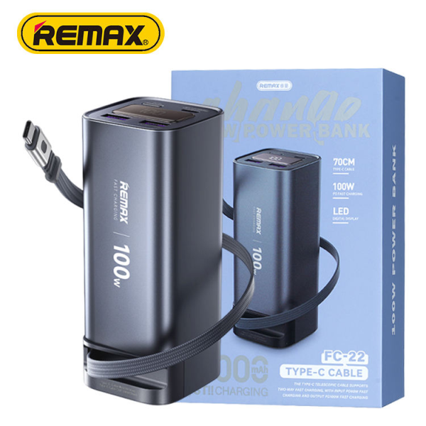 Повербанк Power Bank Remax FC-22 20000 mAh, 100W Type-C, Повер банк встроенный кабель, быстрая зарядка ноутбуков PD/QC, дисплей
