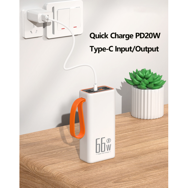 Повербанк Power bank 30000 mAh з LED-ліхтарем, швидка зарядка 22.5W, 4 USB ремінець