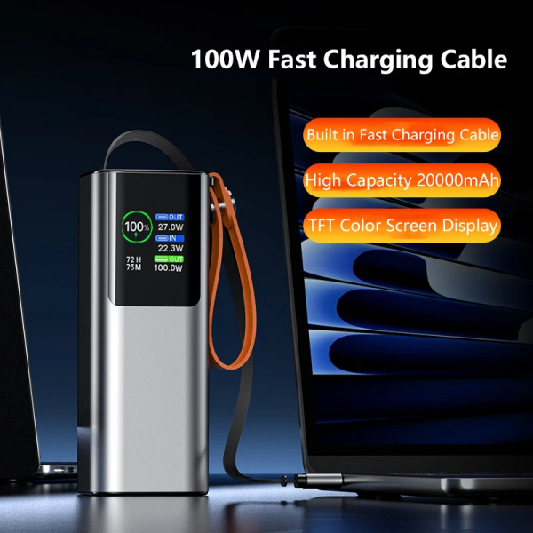 Повербанк 18000 mAh 100W PD для ноутбука и MacBook — Power Bank PQ2220 с дисплеем + фонарик + кабель