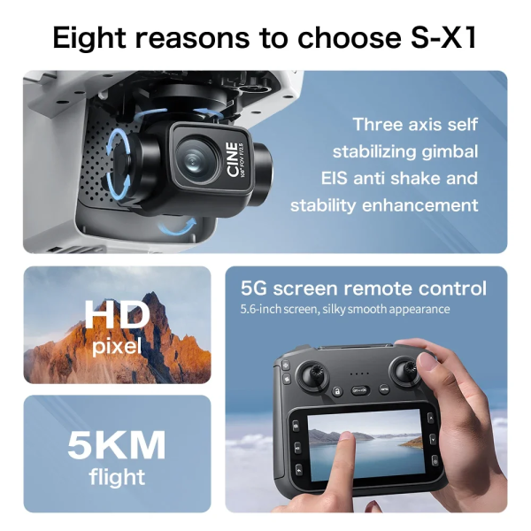 Квадрокоптер S-X1 Max з GPS та 4K камерою, пульт з екраном, EIS, 5G Wi-Fi, до 3 км