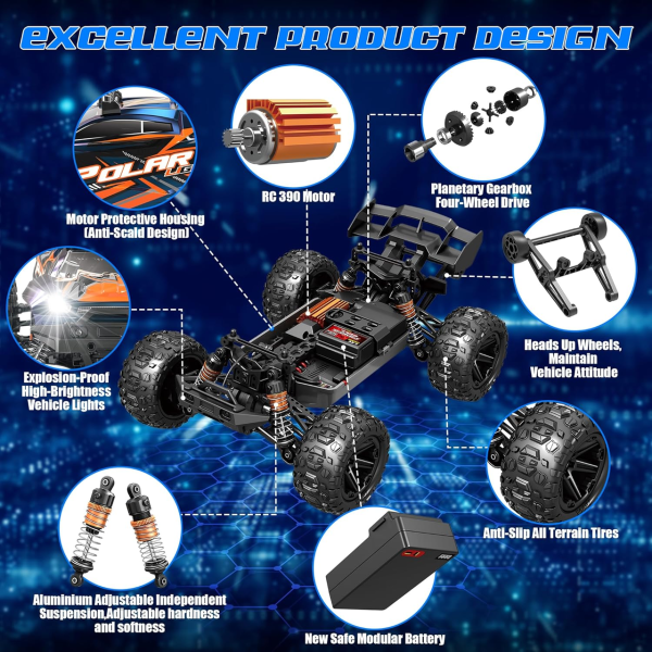 RC Машинка Монстр Трак 1:14 4WD до 40 км/ч внедорожник на радиоуправлении IPX4 полный привод металл