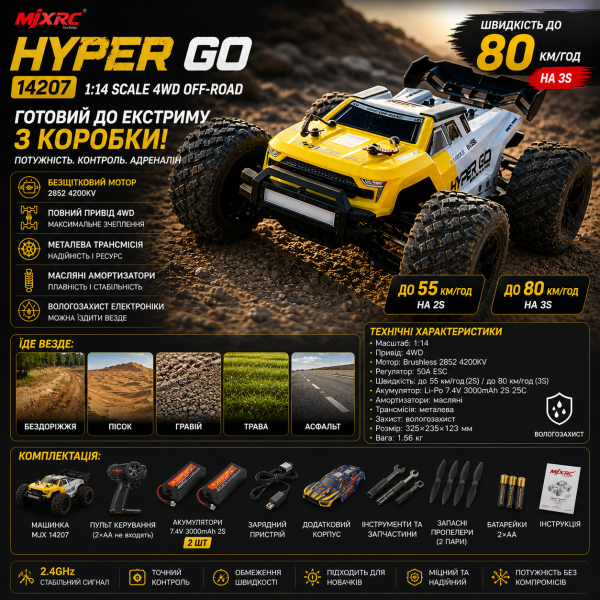Машинка на пульті MJX 14207 Hyper Go 1:14 4WD 2 АКБ до 80 км/год RC позашляховик Brushless безщітковий мотор монстр трак швидкісна