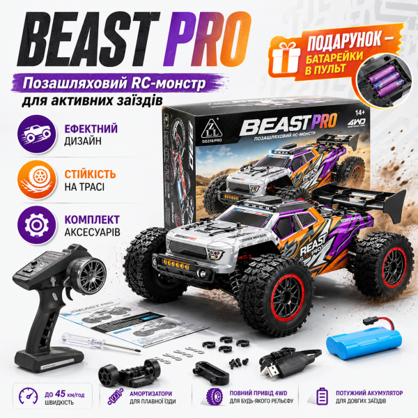 Радіокерована машинка SG316 PRO 4WD RC позашляховик на пульті до 40 км/год 2 АКБ дитяча машинка джип для бездоріжжя швидкісна машинка