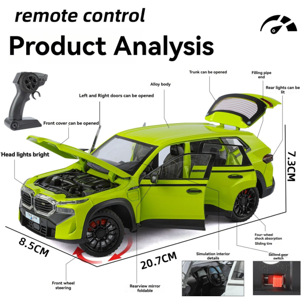 Радиоуправляемая машинка BMW XM 1:24 — металлическая RC модель, свет, звук, дым, открываются двери, 2.4GHz пульт, подарочная