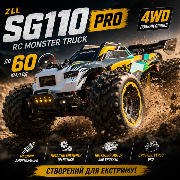 Машинка на радіокеруванні ZLL SG110 PRO 4WD 1:10 RC Monster Truck всюдихід, швидкісна позашляхова RC машинка на пульті  60 км/год