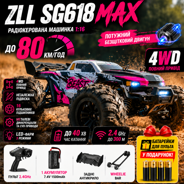 Радіокерована машинка ZLL SG618 MAX 1:16 4WD до 80 км/год, Brushless RC монстр-трак, позашляховик на пульті, повний привід