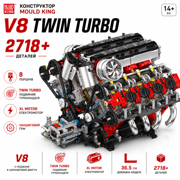Конструктор двигун V8 Twin Turbo Mould King 10130 з електромотором 2718 деталей — модель двигуна V8, механічний двигун