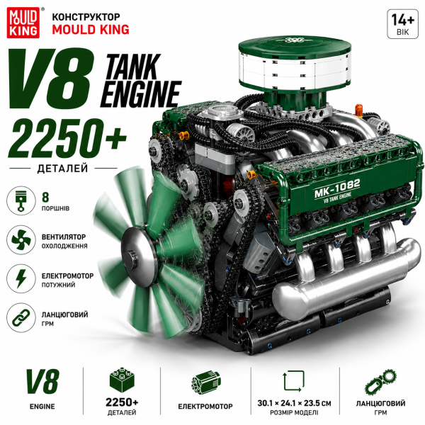 Конструктор двигун танка V8 Mould King 10182 з електромотором 2250 деталей модель двигуна V8, механічний двигун