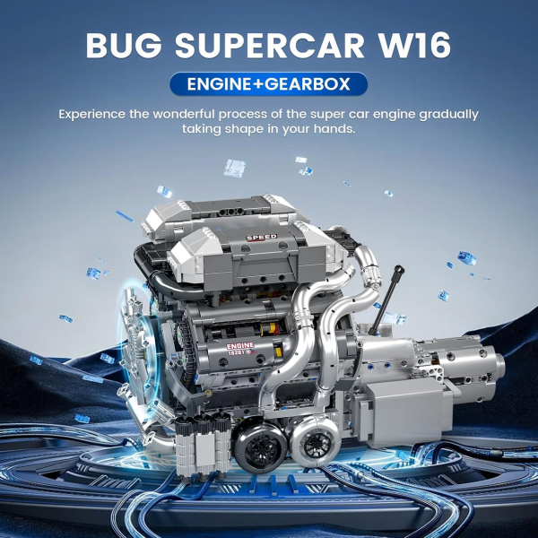 Конструктор двигун гіперкара W16 Mould King 10201 з електромотором 2024 деталі модель двигуна W16 Twin Turbo з коробкою передач
