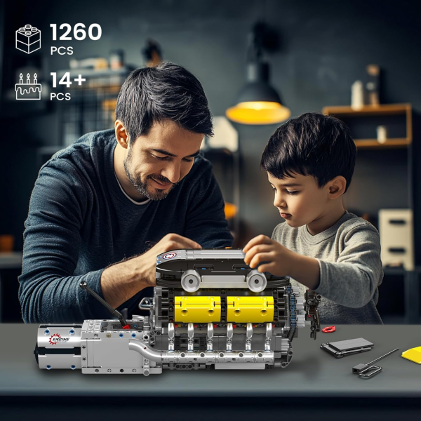 Конструктор двигун W16 Twin Turbo Mould King 10202 з електромотором 1260 деталей модель двигуна W16 з коробкою передач