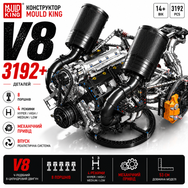 Конструктор двигун V8 Hyper Mould King 10248 3192 деталі — модель двигуна суперкара V8, механічний STEM конструктор