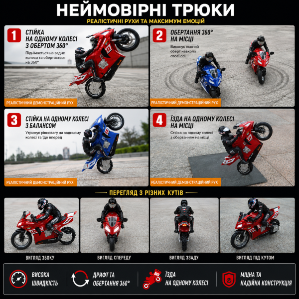 Радіокерований мотоцикл 1:16 RC Motorcycle 360 Drift Racing на пульті керування, дрифт 360°, самобалансування, акумулятор