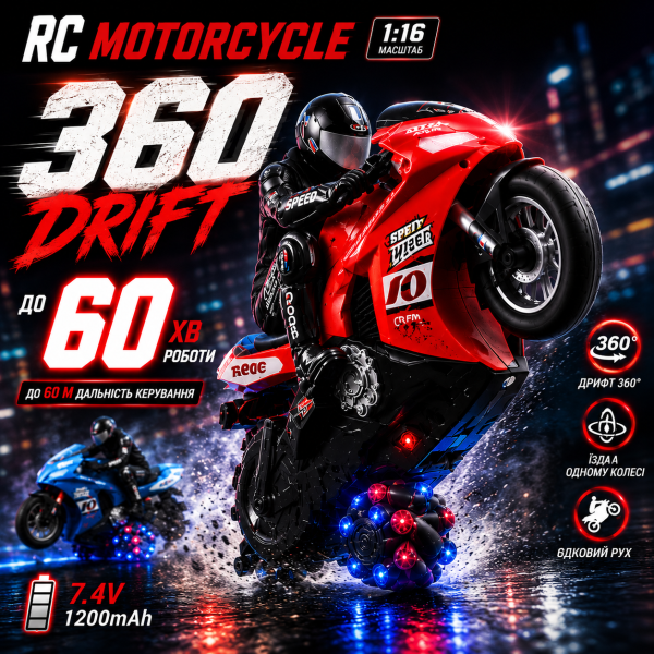 Радіокерований мотоцикл 1:16 RC Motorcycle 360 Drift Racing на пульті керування, дрифт 360°, самобалансування, акумулятор