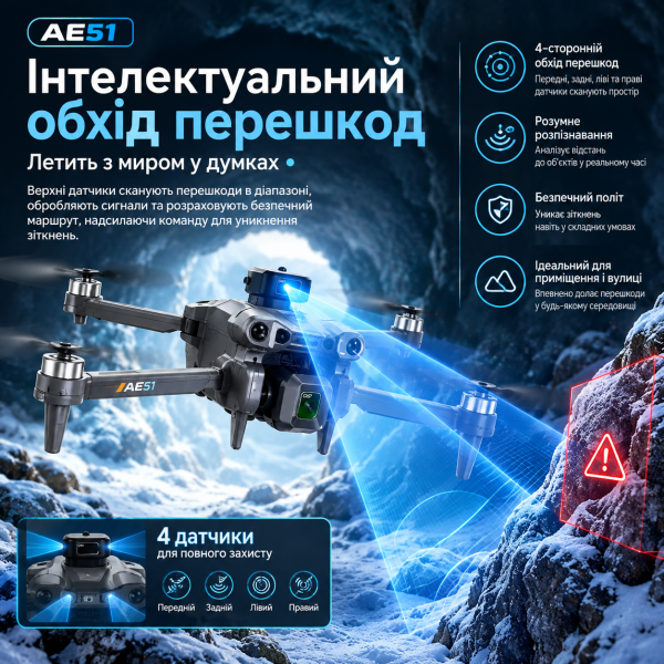 Квадрокоптер AE51 з камерою, радіокерований дрон з пультом та екраном 4.5", безщіткові мотори, Optical Flow, обхід перешкод