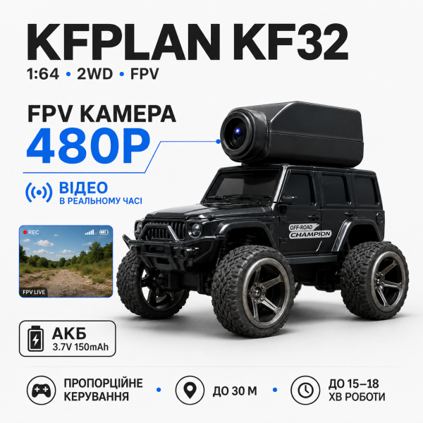 Радіокерована машинка KFPLAN KF32 1:64 2WD з камерою 480P, міні RC FPV авто на пульті 2.4GHz, акумулятор 150mAh