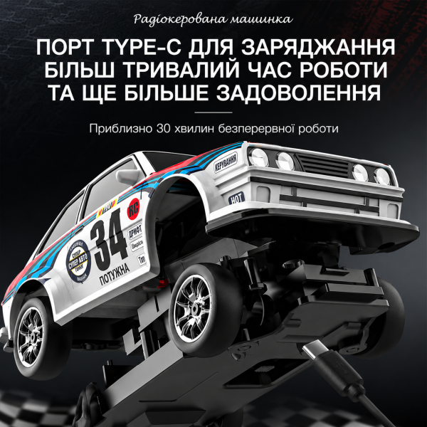 Радіокерована машинка KFPLAN KF34 1:43 4WD для дрифту, RC дрифт-кар на пульті, пропорційне керування, LED, 15 км/год, акумулятор