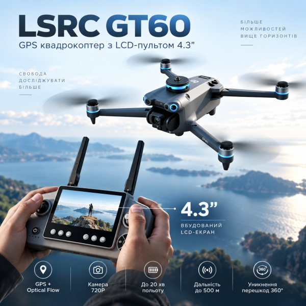 Квадрокоптер LSRC GT60 GPS з камерою 720P Brushless дрон з екраном 4.3", Optical Flow, уникнення перешкод, автоповернення до 500 м