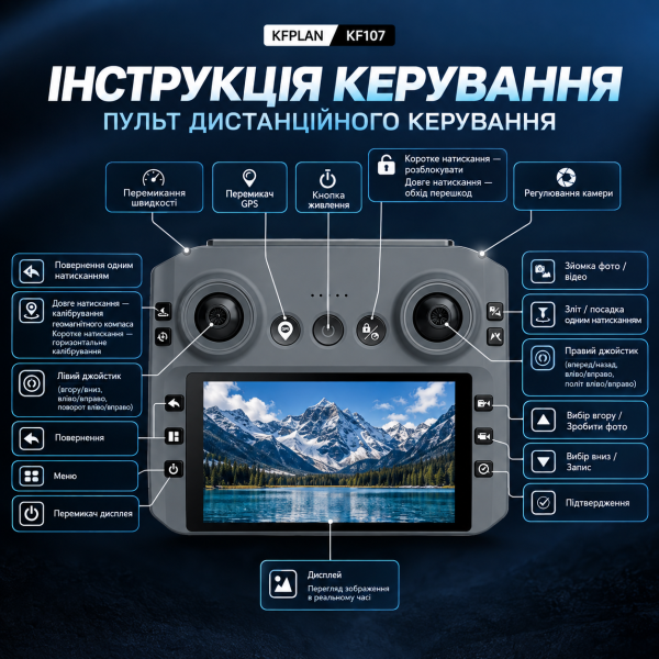 Квадрокоптер KFPLAN KF107 4K GPS складаний дрон з камерою, пультом з екраном, Optical Flow, автоповерненням, до 1.5 км, до 25 хв