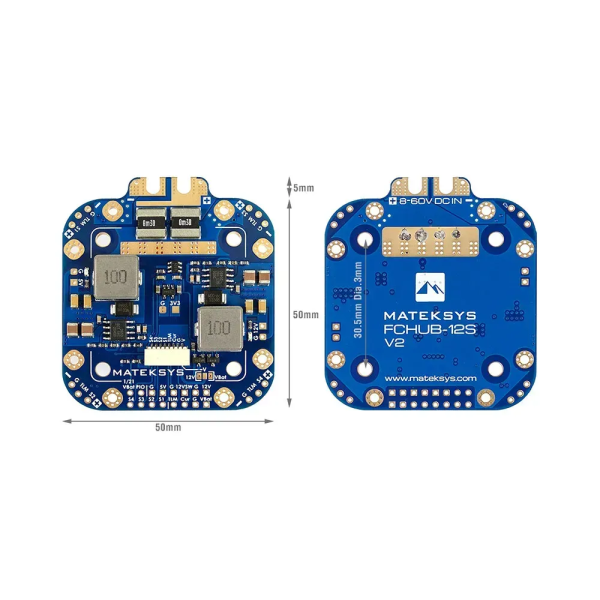 Плата розподілу живлення Matek FCHUB-12S V2 PDB для дронів і X-Class — 3–12S LiPo, 4×70A, датчик струму 440A, BEC 5V/12V, BLHeli32