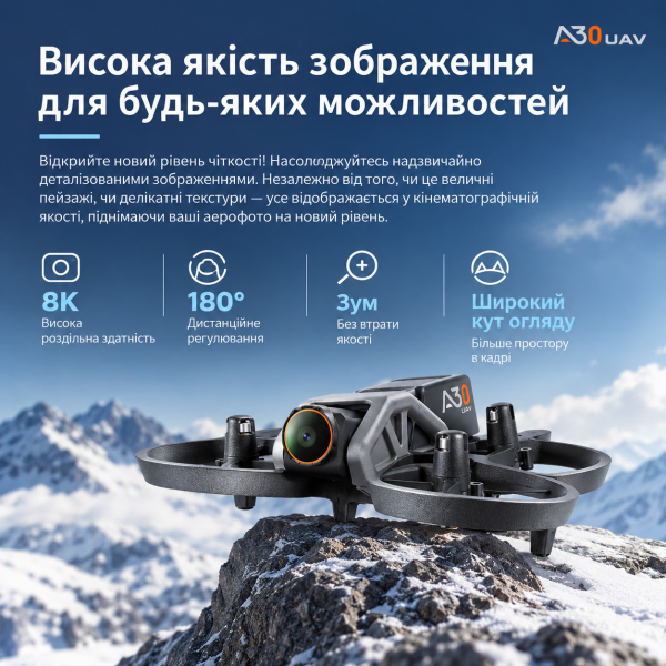 Квадрокоптер A30 з камерою 8K міні дрон з Optical Flow, камерою 180°, Wi-Fi, захистом пропелерів, до 150 м, 2 акумулятори