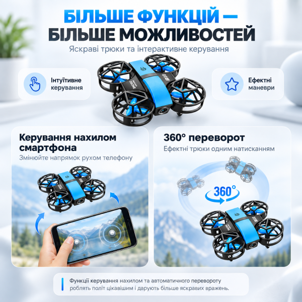 Квадрокоптер DWI 811 з камерою 4K HD — міні дрон Wi-Fi на пульті 2.4GHz, утримання висоти, 6-осьова стабілізація, захист пропелері