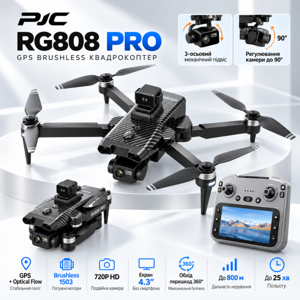 Квадрокоптер RG808 PRO з камерою 720P GPS Brushless дрон, 3-осьовий підвіс EIS, пульт з екраном 4.3″, Optical Flow, обхід перешкод