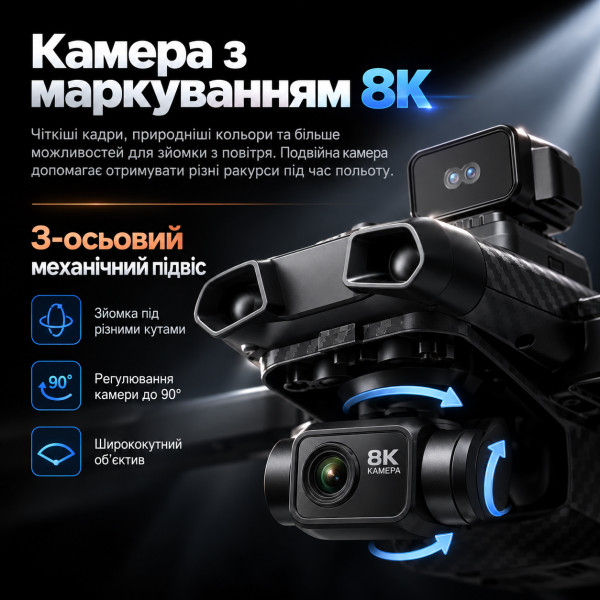 Квадрокоптер RG808 PRO з камерою 720P GPS Brushless дрон, 3-осьовий підвіс EIS, пульт з екраном 4.3″, Optical Flow, обхід перешкод