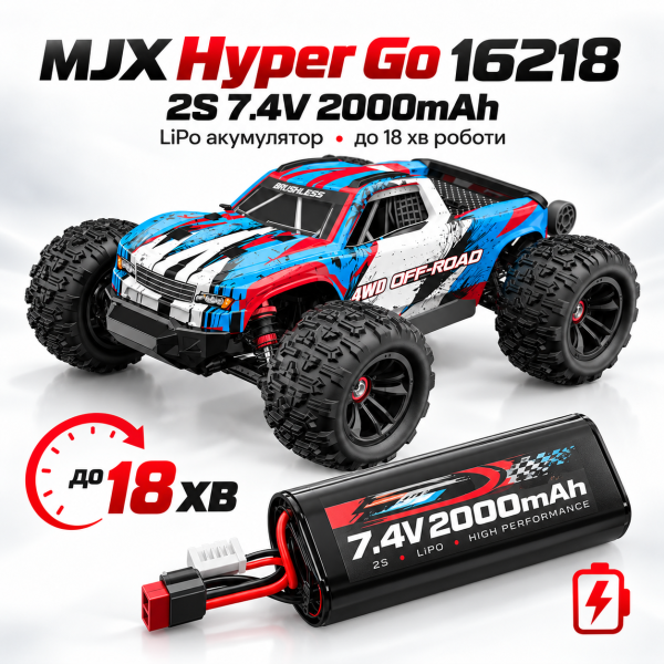 Радіокерована машинка MJX Hyper Go 16218 1:16 4WD Brushless до 45 км/год RC монстр-трак, АКБ 2000mAh, масляні амортизатори, метале